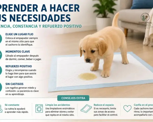 Un cachorro golden retriever aprende a usar el empapador. Consejos para saber cuando quitar el empapador a un cachorro.