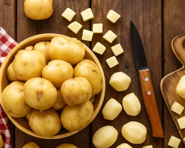 Patatas enteras y cortadas en cubos sobre una mesa de madera. ¡Un snack saludable que los perros pueden comer patata cocida!