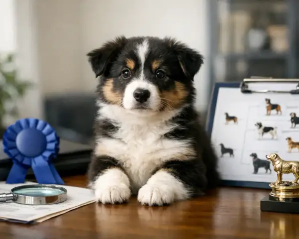 Cachorro adorable junto a un diagrama de árbol genealógico, lupa y trofeo. Esto ilustra qué es pedigree en un perro: su linaje y herencia.