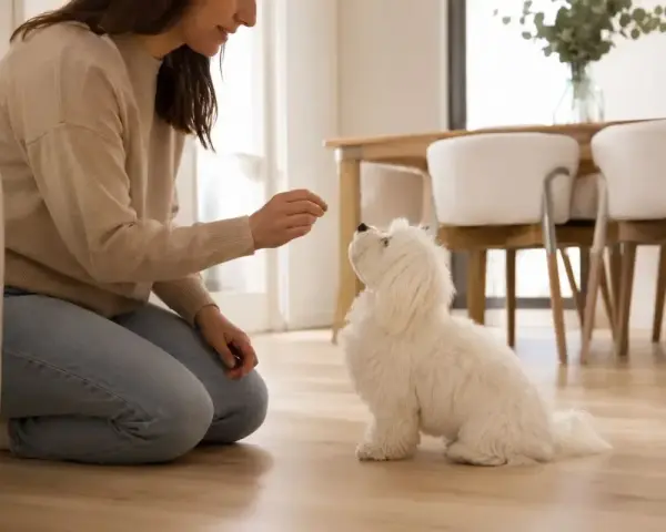 Mujer enseña a un bichón maltés con premios. Aprende como educar a un bichon maltes con paciencia y recompensas.