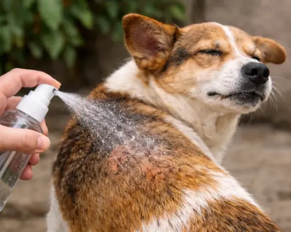 Mano aplica spray antipulgas casero a un perro con pelaje marrón y blanco.