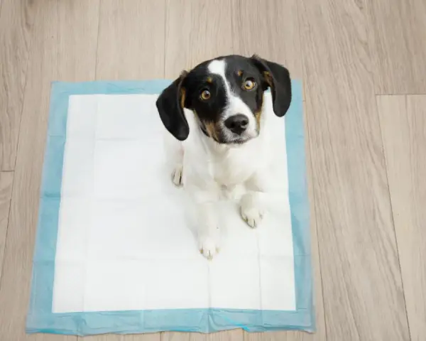 Mi perro se tumba en el empapador, esperando pacientemente.