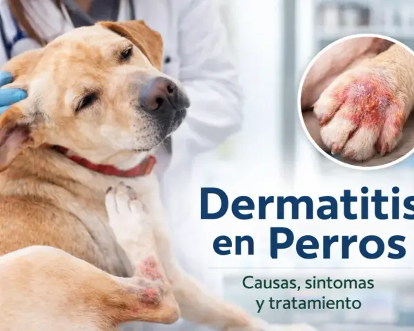Perro con piel irritada en patas y codo, siendo examinado por un veterinario. Imagen muestra dermatitis en perros.