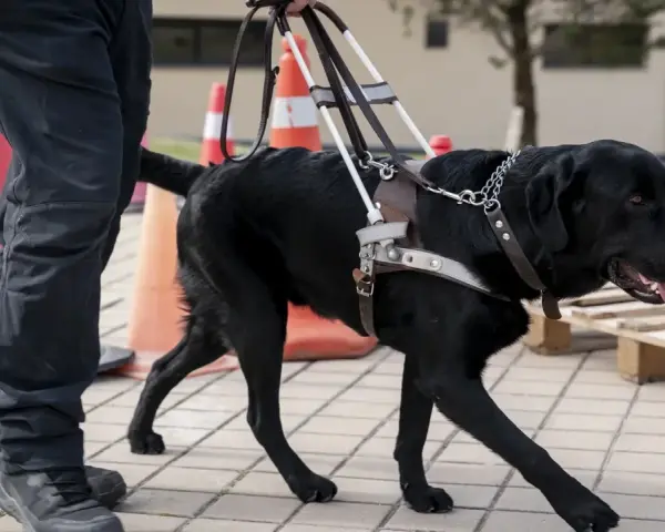 Perro guía negro con arnés, entrenando para ayudar. A qué edad se relaja un perro es una pregunta que depende de su entrenamiento y personalidad.