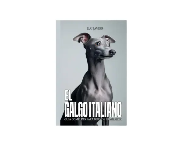 Un elegante galgo italiano, con su esbelto cuello y mirada curiosa, posa para la portada de "El Galgo Italiano: Guía Completa para Dueños Primerizos".