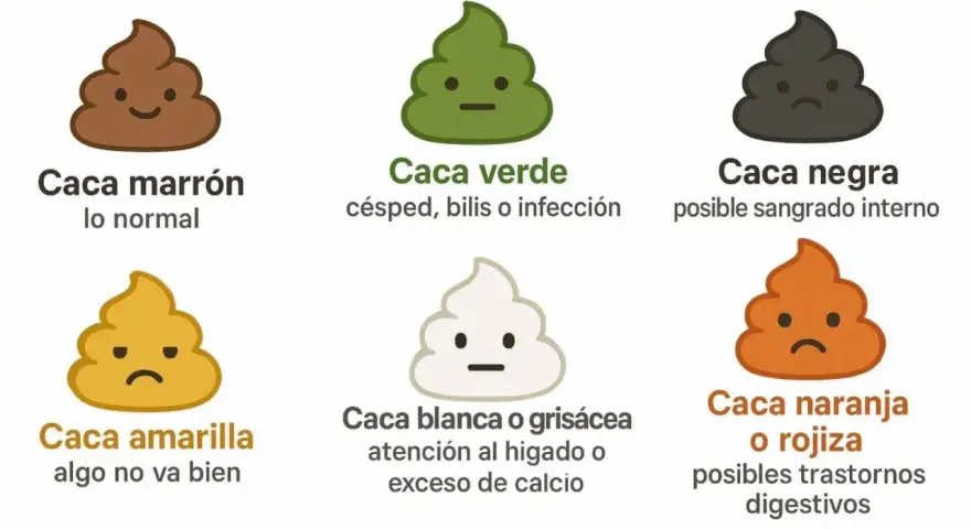 Ilustración de heces de colores: marrón (normal), verde (infección), negra (sangrado), amarilla (algo va mal), blanca/gris (hígado/calcio) y naranja/rojiza (digestivo).