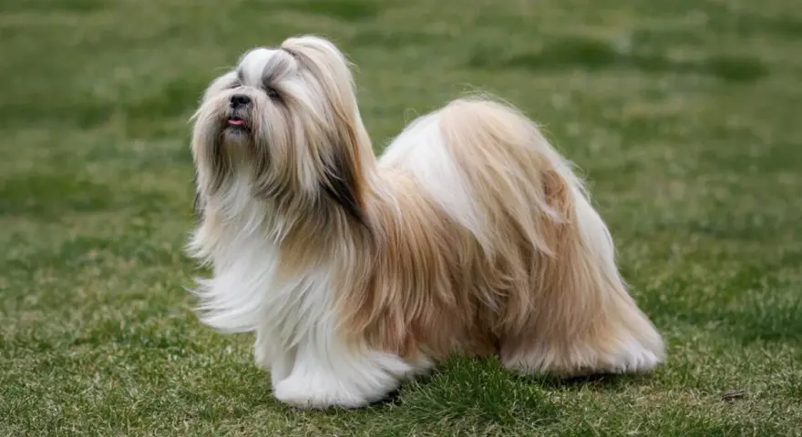 Un elegante lhasa apso con pelaje largo y sedoso, de pie sobre el césped verde, con la lengua ligeramente afuera.