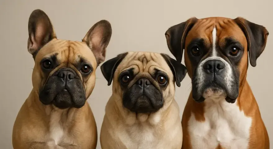 Tres adorables perros braquicéfalos: un bulldog francés, un pug y un boxer, posan juntos con miradas curiosas.