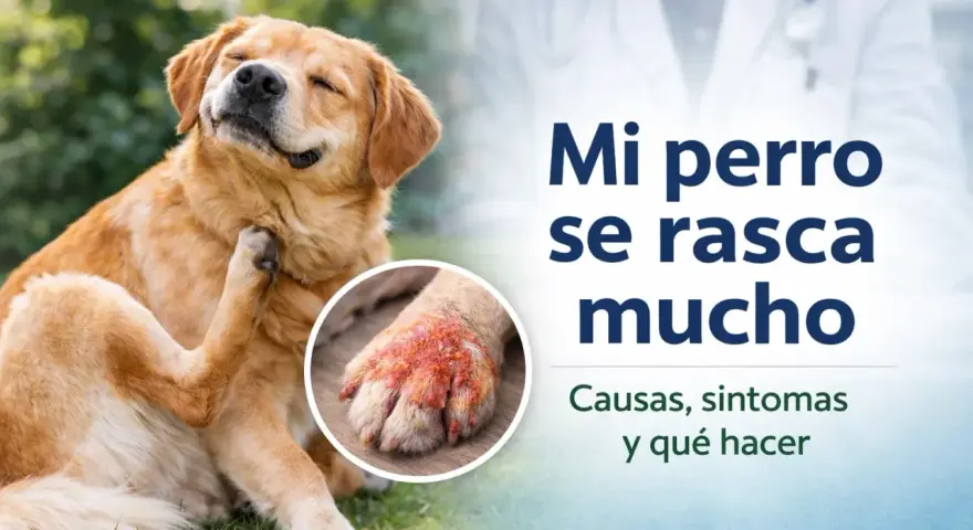 Golden retriever se rasca mucho, mostrando una pata irritada. Texto: "Mi perro se rasca mucho. Causas, síntomas y qué hacer.