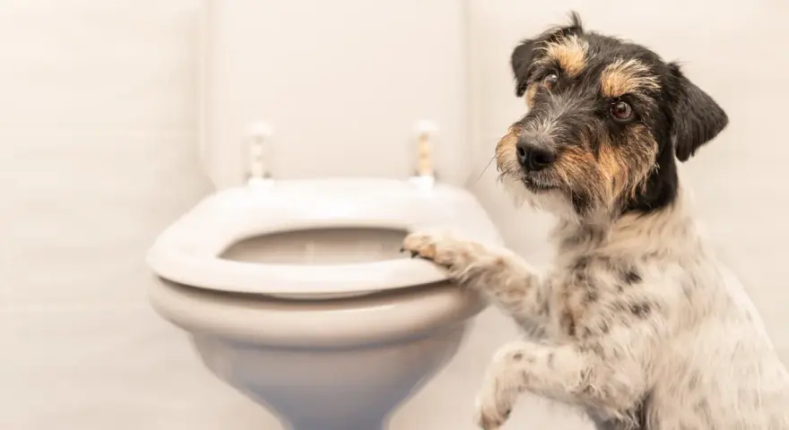 Un perro juguetón se apoya en el inodoro, ¿será que quiere saber porque mi perro me sigue al baño?