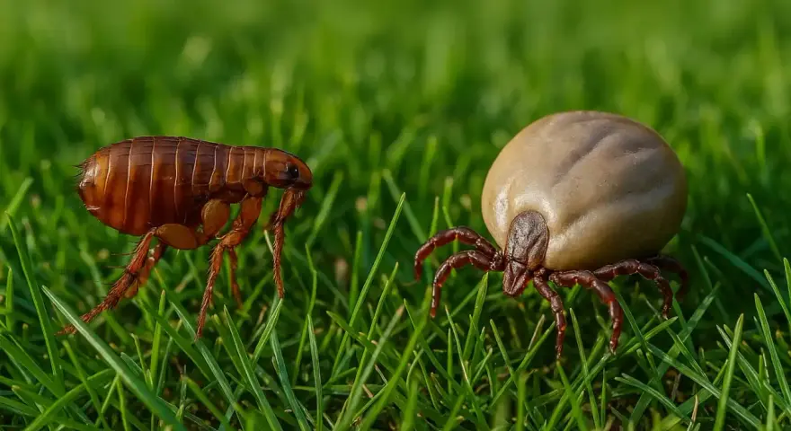 Un insecto parecido a la garrapata, una pulga, y una garrapata hinchada se encuentran en la hierba verde.