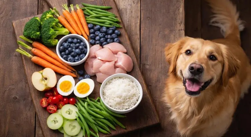 Un perro golden retriever mira con ilusión una tabla con ingredientes frescos: verduras para perros, pollo, arroz y frutas.