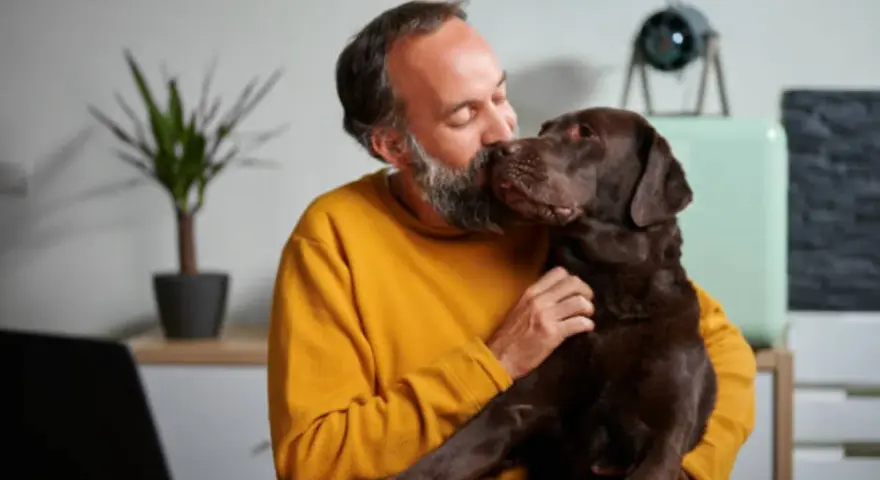Hombre con barba besa a su perro chocolate. "No puedo seguir teniendo a mi perro, ¿qué hago?" se pregunta, abrazándolo.
