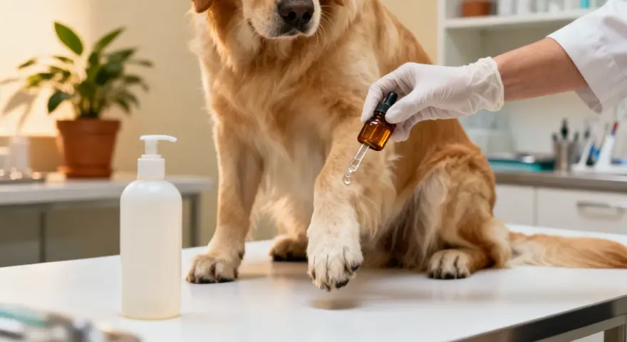 Veterinario aplica gotas de cristalmina en la pata de un perro.
