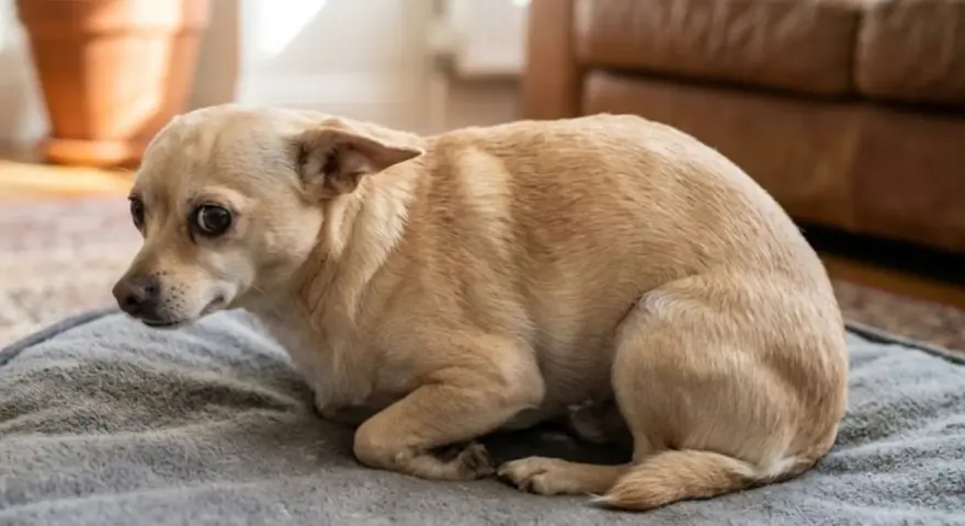 Un pequeño perro de color canela, con ojos grandes y asustados, está acurrucado en una manta gris. Quizás se pregunte porque mi yorkshire tiembla.