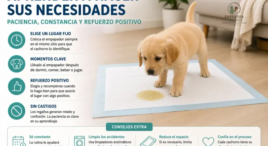 Un cachorro golden retriever aprende a usar el empapador. Consejos para saber cuando quitar el empapador a un cachorro.