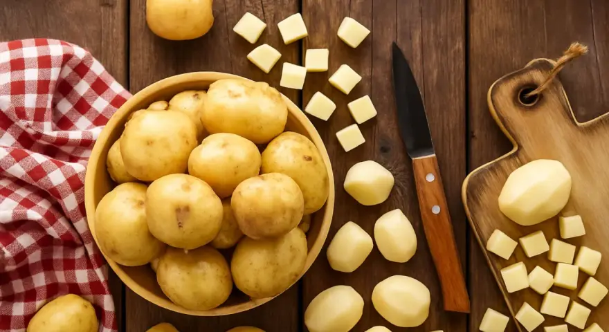 Patatas enteras y cortadas en cubos sobre una mesa de madera. ¡Un snack saludable que los perros pueden comer patata cocida!
