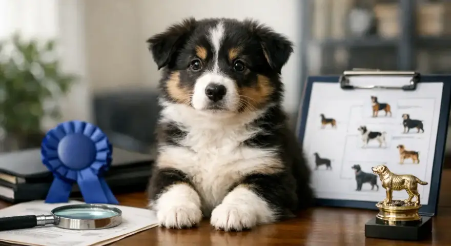 Cachorro adorable junto a un diagrama de árbol genealógico, lupa y trofeo. Esto ilustra qué es pedigree en un perro: su linaje y herencia.
