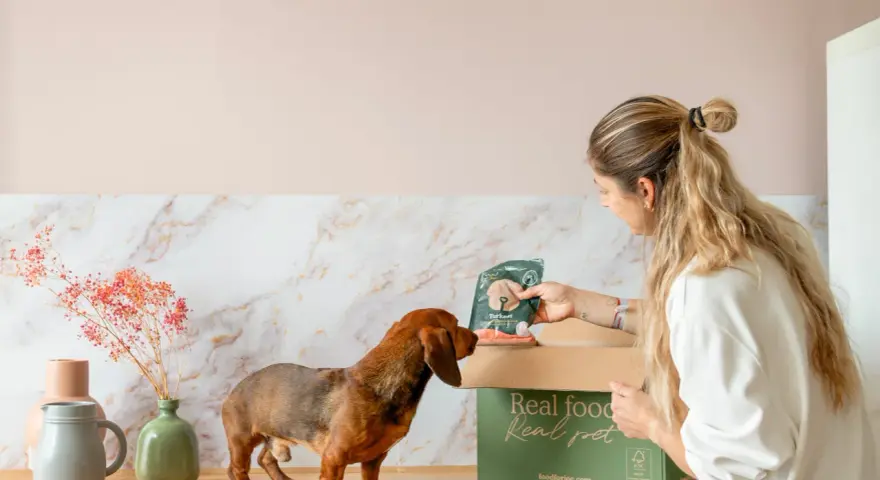 Una mujer le da a su teckel un paquete de comida para perros. Descubre qué dar de comer a un teckel con esta deliciosa opción.