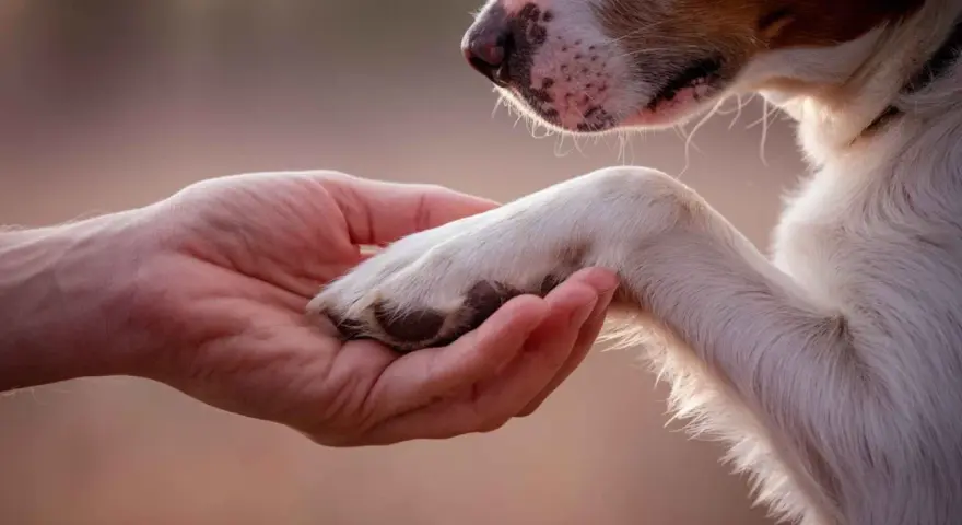 Una mano sostiene la pata de un perro. Un momento de ternura, quizás al considerar los requisitos para sacrificar un perro.