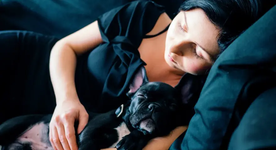 Una mujer duerme con su cachorro de bulldog francés negro. Mi perro se tumba a mi lado, ambos en un abrazo tierno y reconfortante.