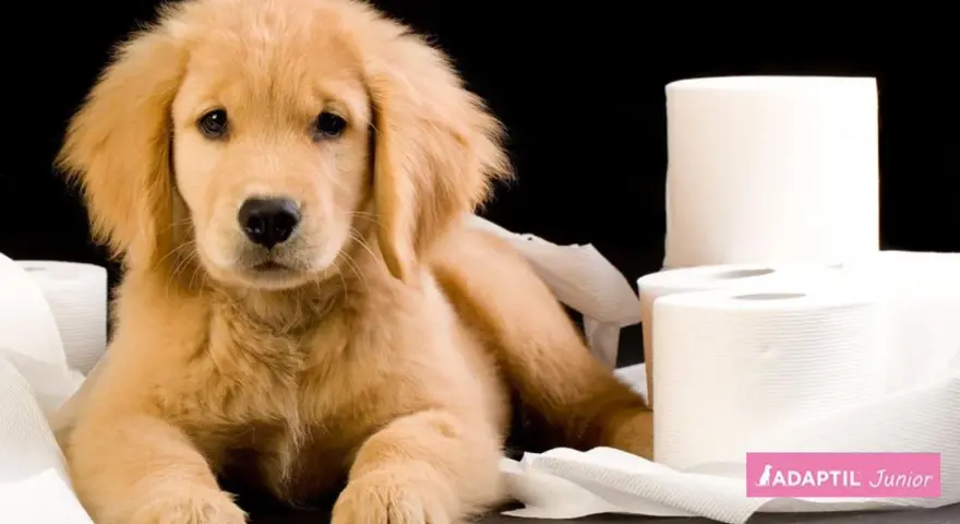 Cachorro golden retriever rodeado de rollos de papel higiénico, reflexionando sobre cuanto tarda un cachorro en aprender a hacer sus necesidades.