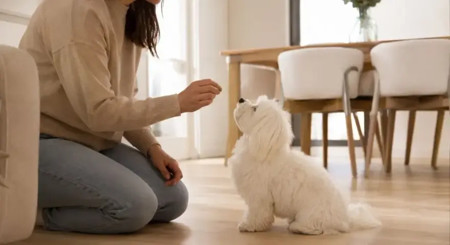 Mujer enseña a un bichón maltés con premios. Aprende como educar a un bichon maltes con paciencia y recompensas.