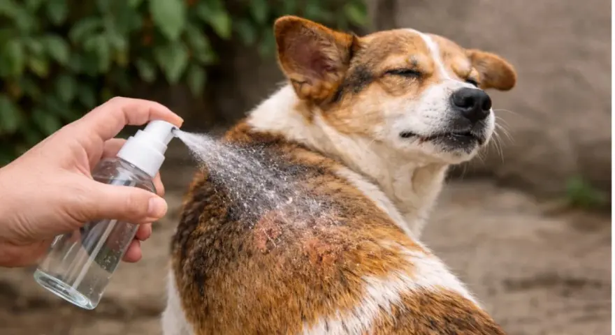 Mano aplica spray antipulgas casero a un perro con pelaje marrón y blanco.