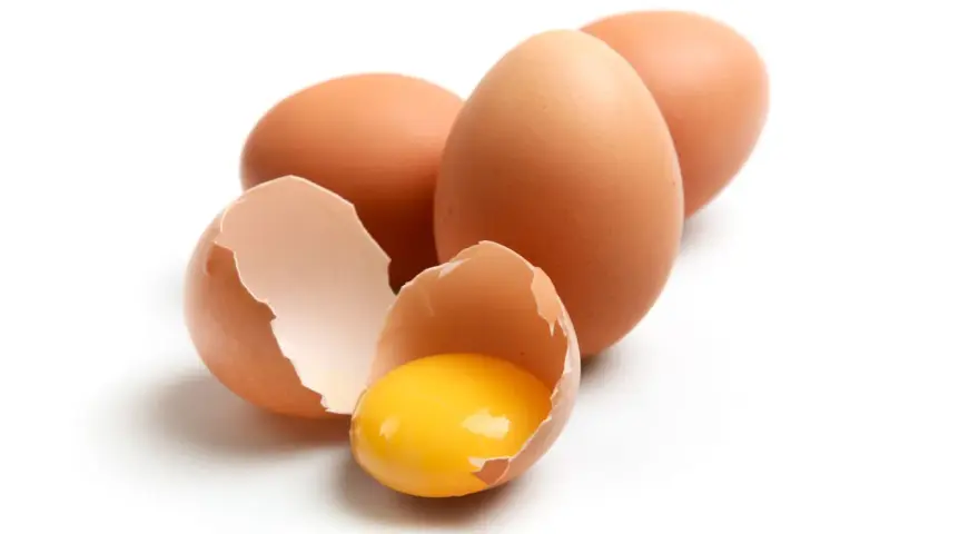 Huevos marrones, uno roto mostrando la yema brillante. ¡Un manjar que los perros pueden comer!