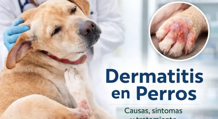 Perro con piel irritada en patas y codo, siendo examinado por un veterinario. Imagen muestra dermatitis en perros.