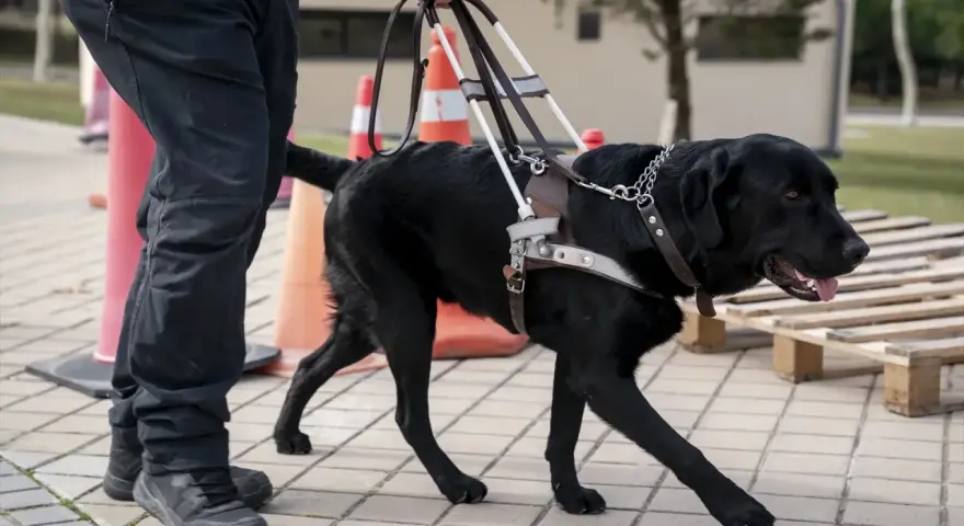 Perro guía negro con arnés, entrenando para ayudar. A qué edad se relaja un perro es una pregunta que depende de su entrenamiento y personalidad.