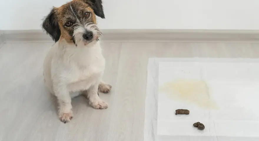 Perro sentado junto a una alfombrilla de entrenamiento con excrementos y orina. Un paso más para enseñar a un perro a hacer sus necesidades.