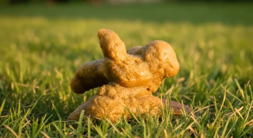 Excremento de perro con diarrea amarilla sobre césped verde.