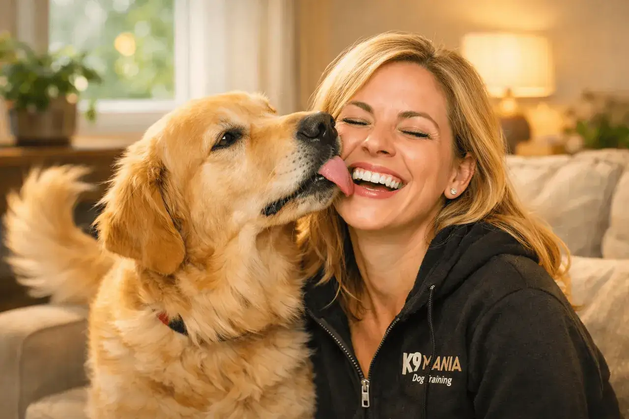Un golden retriever lame la cara de una mujer riendo, un gesto de amor que explica porque mi perro me lame.