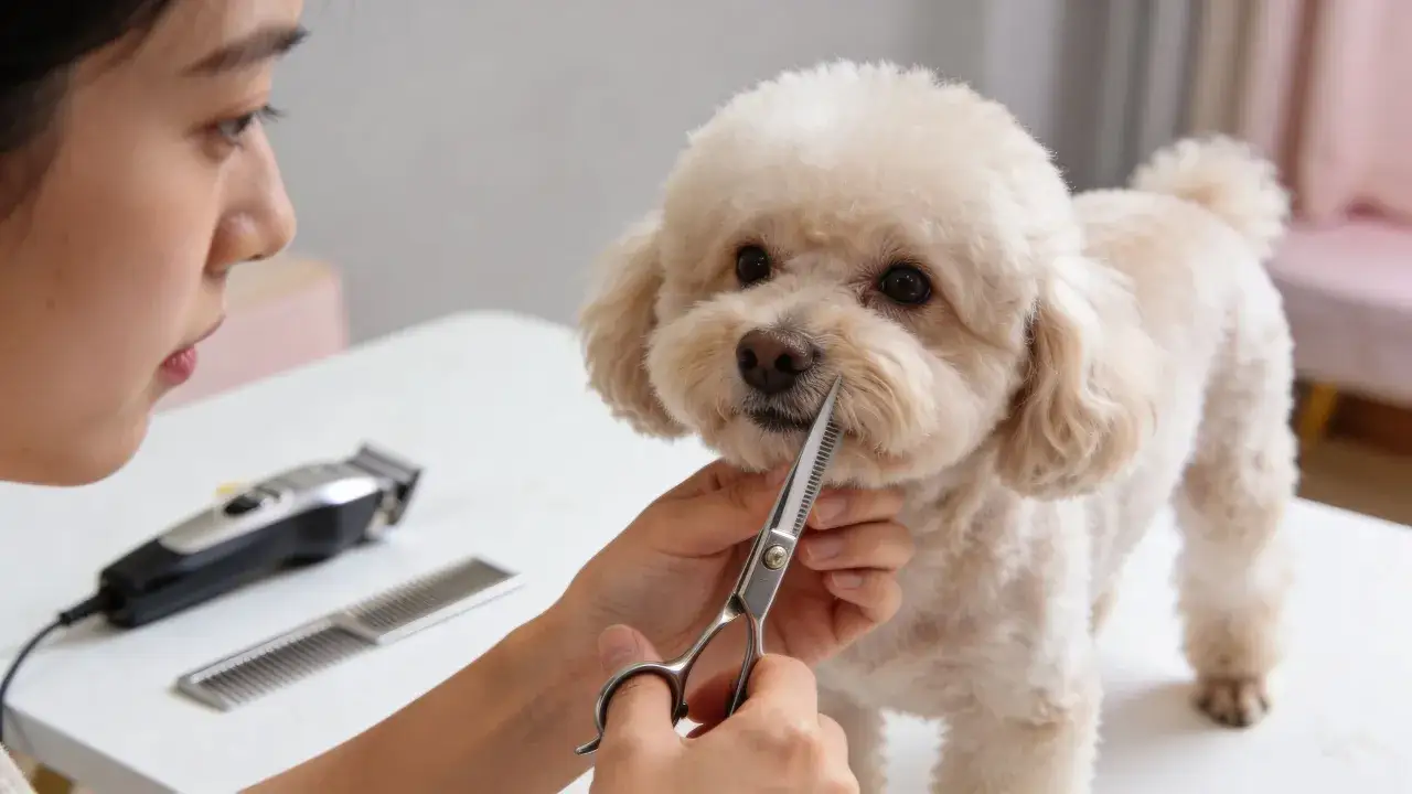 Un perro caniche recibe un corte de pelo. Una persona usa tijeras para arreglar su cara.