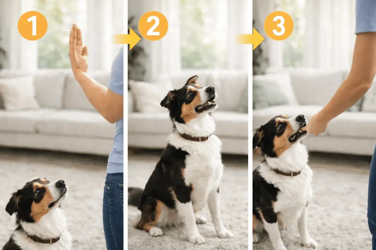 Pasos para como educar a un perro adulto: 1. Señal. 2. El perro espera. 3. Recompensa.