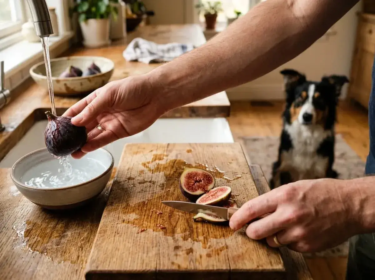 Un hombre lava higos mientras su perro observa atentamente. Los perros pueden comer higos, y este parece esperanzado.