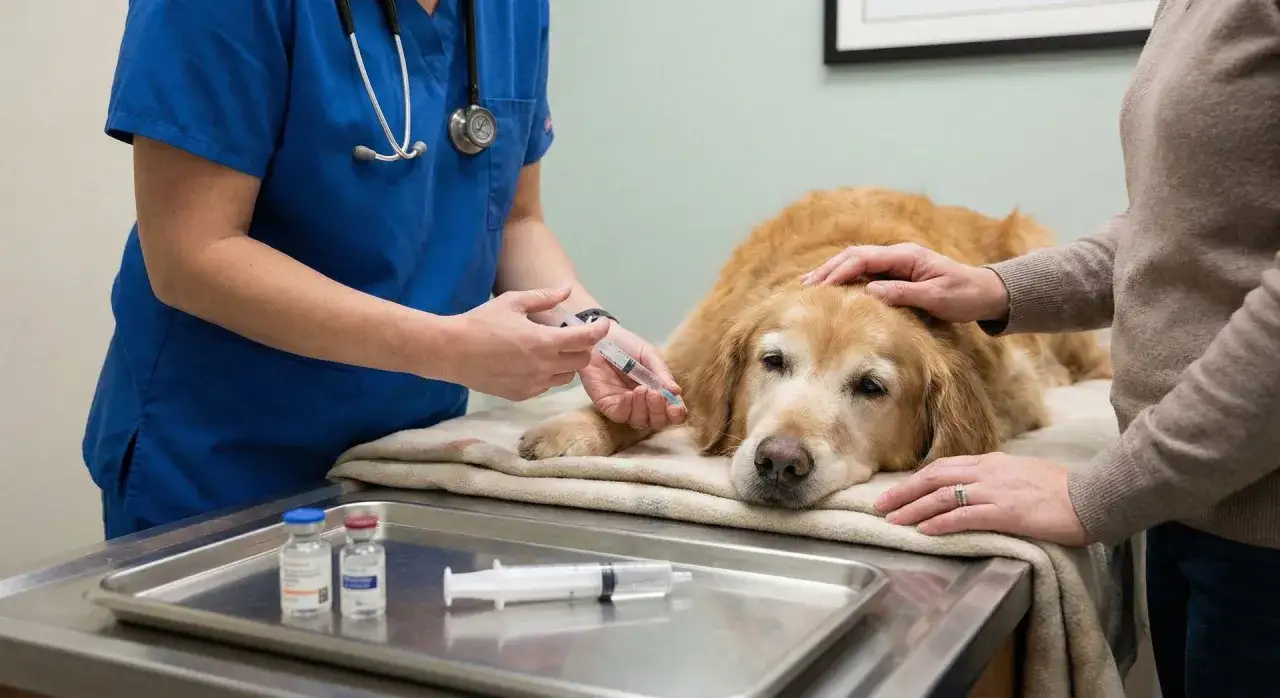 Veterinario administra inyección a un perro golden retriever mientras su dueña lo consuela. Se discuten los requisitos para sacrificar un perro.