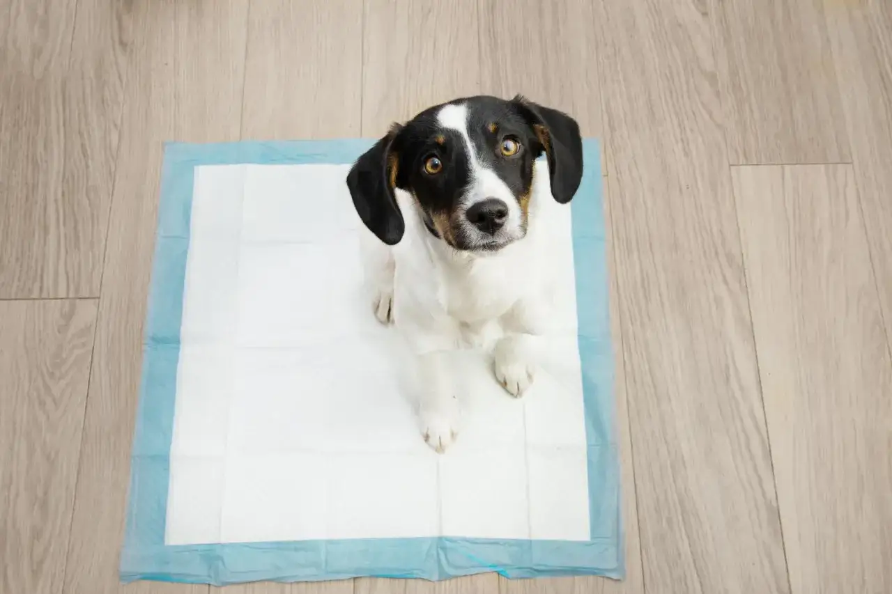 Mi perro se tumba en el empapador, esperando pacientemente.