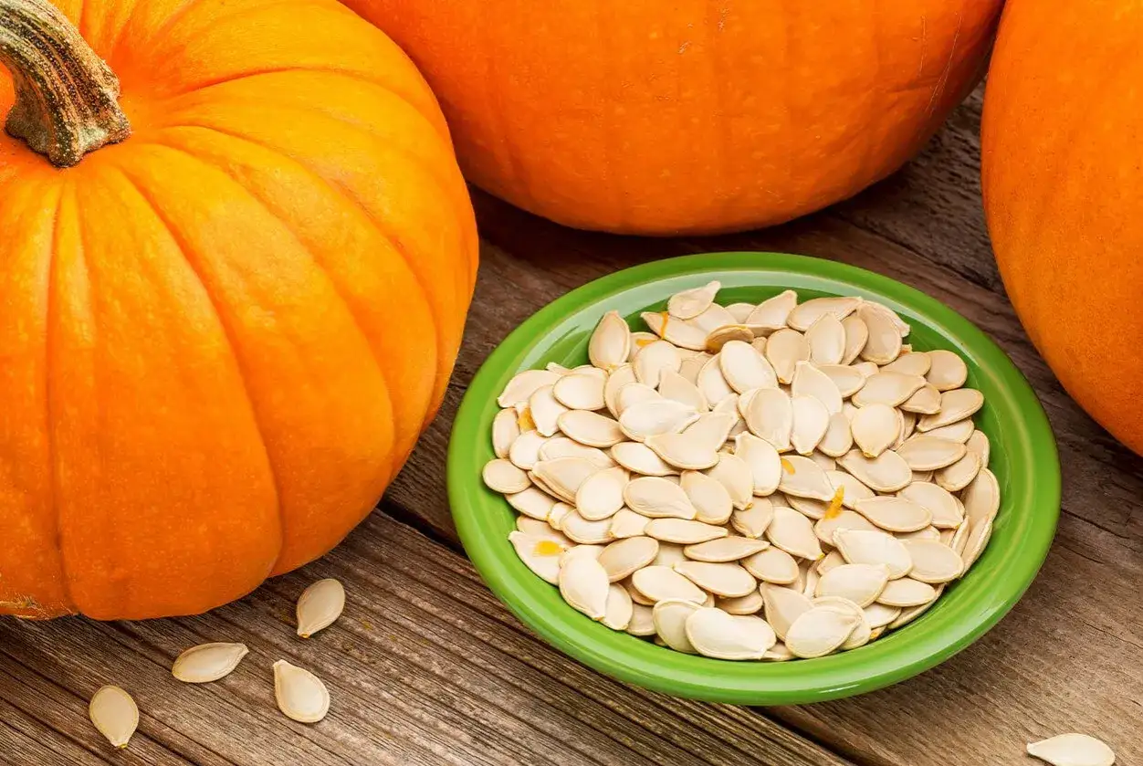 Calabazas naranjas y un cuenco verde lleno de pipas de calabaza. &iexcl;Los perros pueden comer pipas de calabaza!