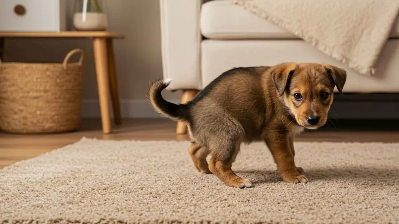 Cachorro marrón en alfombra, aprendiendo como enseñar a un cachorro a no mearse en casa.