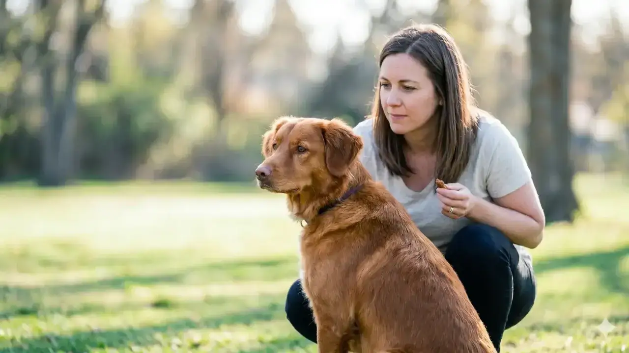 Mujer agachada con un perro marr&oacute;n en un parque. El perro la ignora, mirando fijamente a lo lejos.