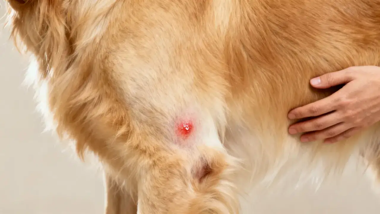 Un due&ntilde;o aplica talquistina para mi perro en una herida roja en su pelaje dorado.